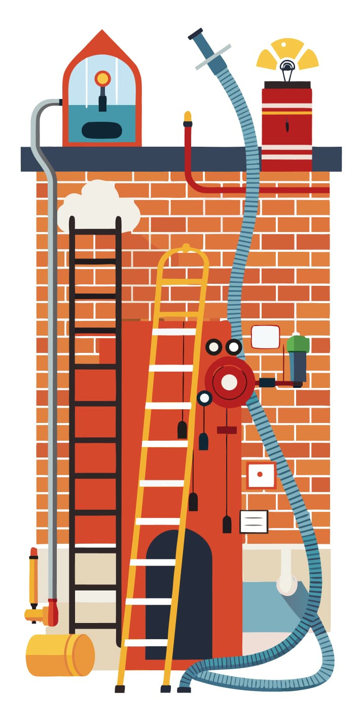 пожарное оборудование на фоне кирпичной стены